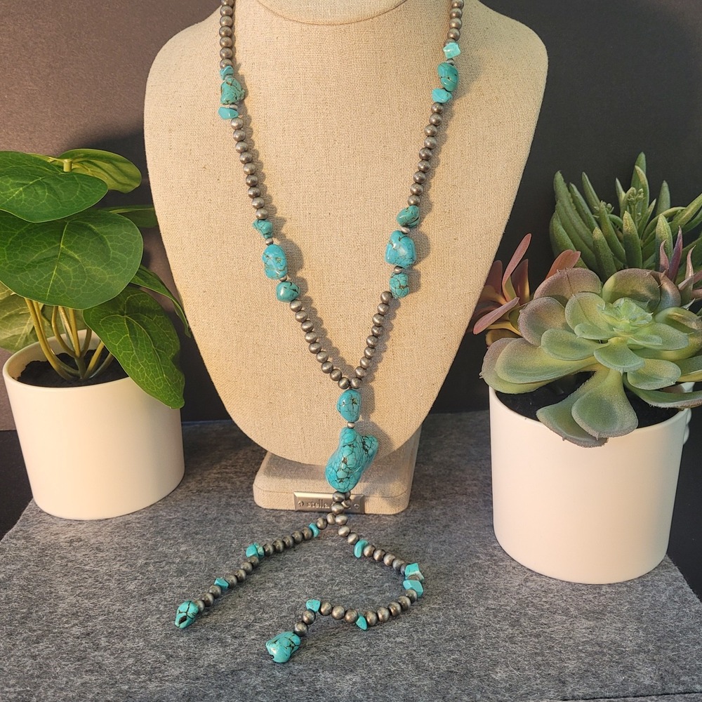 Southwestern Turquoise Color Silver Tone Bead Lariat Necklace 20" Western Boho